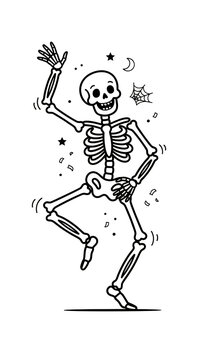 Happy cartoon skeleton dancing and waving hand for a fun halloween party celebration with stars and a spider web in a simple black and white line art style