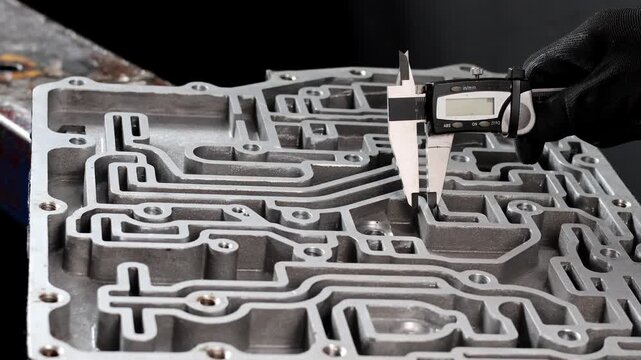 Mechanic measuring transmission valve body.