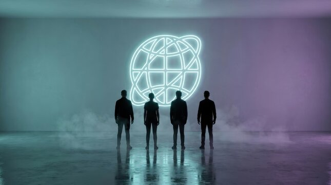 Group of four people standing in front of a glowing neon globe sign in a smoky futuristic digital environment