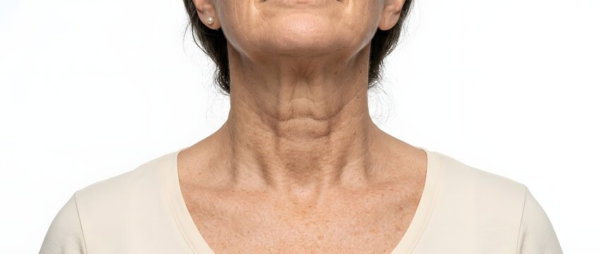 Close up of mature womans neck showing wrinkles and skin texture