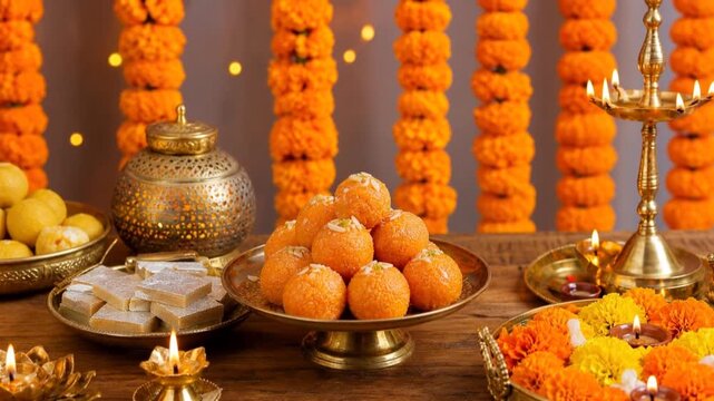 Traditional Indian Sweets Laddu And Kaju Katli Arranged With Marigold Flowers And Brass Diyas, Celebrating Festive Hindu Traditions