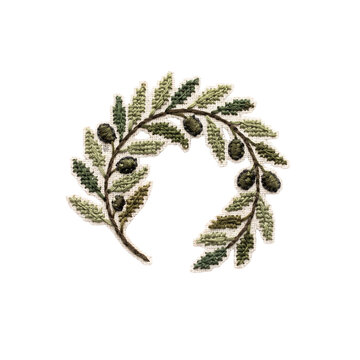 Embroidered olive branch wreath circle design botanical textile element with embroidery botanical needlework isolated background handmade