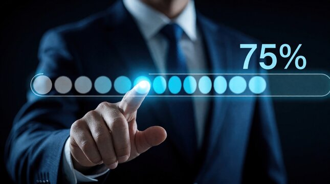 Businessman touches futuristic screen showing progress bar at seventy five percent complete. Digital interface displays loading status, data upload, or task completion for business.