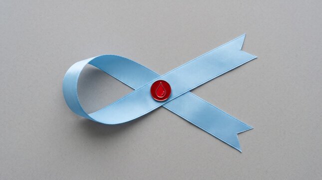 Horizontal blue awareness ribbon with a red circular blood drop pin, diabetes