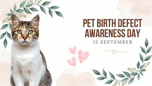 Pet birth defect awareness day poster with a cute cat illustration and decorative leaves