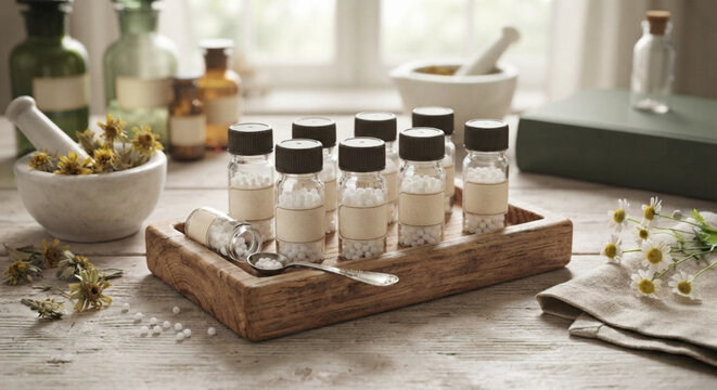 Hom&ouml;opathische Hausapotheke &ndash; kleine Glasfl&auml;schchen mit Globuli und Heilpflanzen