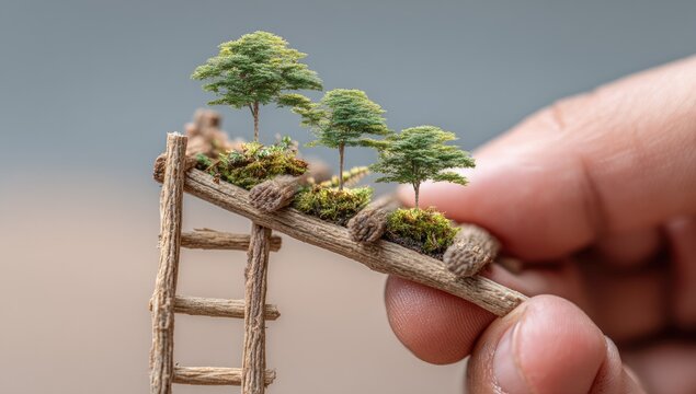 Miniature trees planted in small logs atop a tilted wooden ladder held by a hand against a blurred background