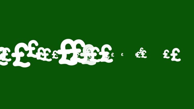 Shining British pound signs flowing fast across screen, white currency symbols overlay on green background, glowing money stream motion graphic design video asset for banking economy.4k video