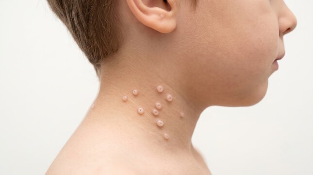 Profile view of child neck with umbilicated molluscum contagiosum papules