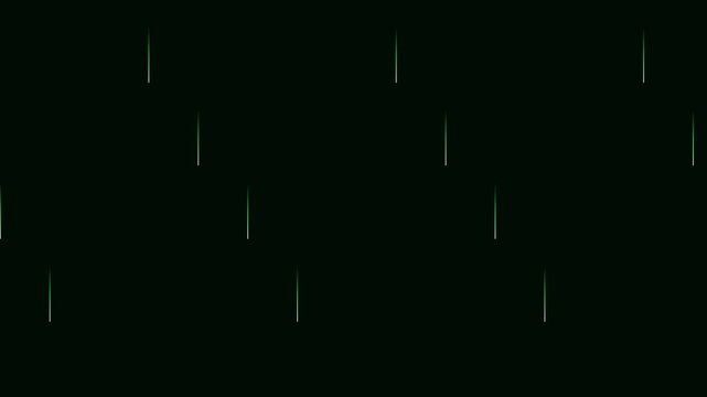 Vertical green light streaks fall symmetrically across a dark background.