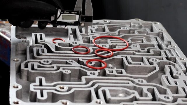Mechanic measuring O-ring seal on transmission valve body.
