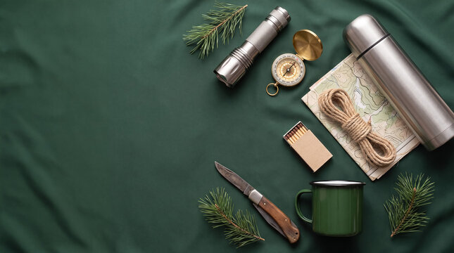 Preparing for an outdoor adventure, essential camping and survival gear laid flat on a dark green background, journey planning