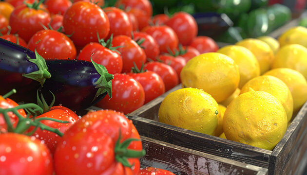 Vibrant Harvest Display: A colorful arrangement of fresh produce, including plump tomatoes, glossy eggplants, and bright lemons, glistening with water droplets.