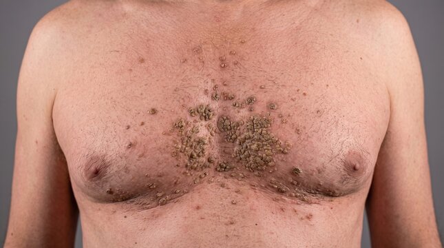 Extensive seborrheic keratosis clusters and verrucous papules on chest skin of elderly male