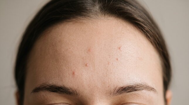 Macro closeup of mild inflammatory forehead acne papules and closed comedones on young woman