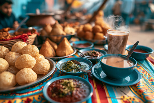 Indian street food scene with pani puri, samosas, chutneys, and masala tea on colorful market table, authentic cultural atmospher
