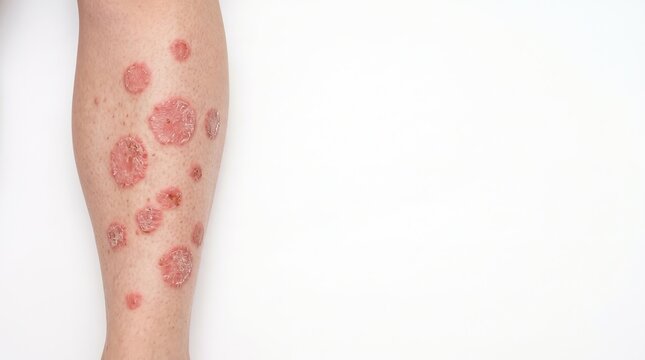 Close up view of red discoid plaque psoriasis skin lesions on human calf leg