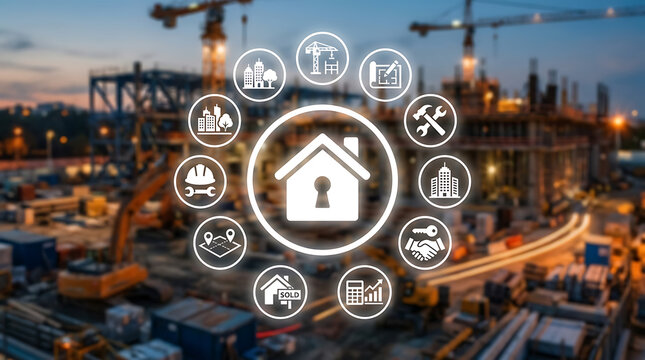 Digital home automation icons over smart city skyline at dusk with futuristic tech overlay