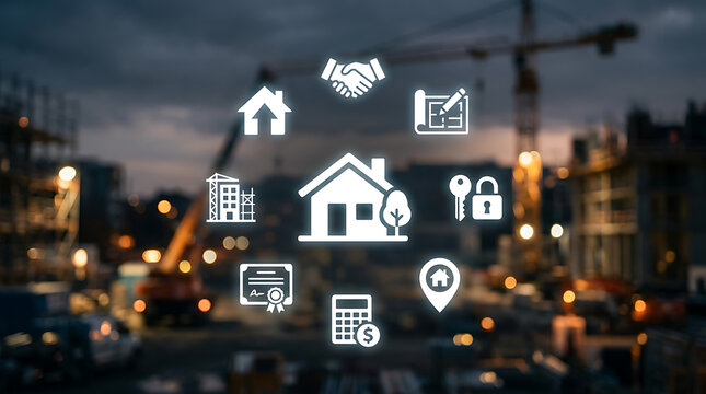 Modern city skyline with real estate and location icons floating over urban buildings at dusk