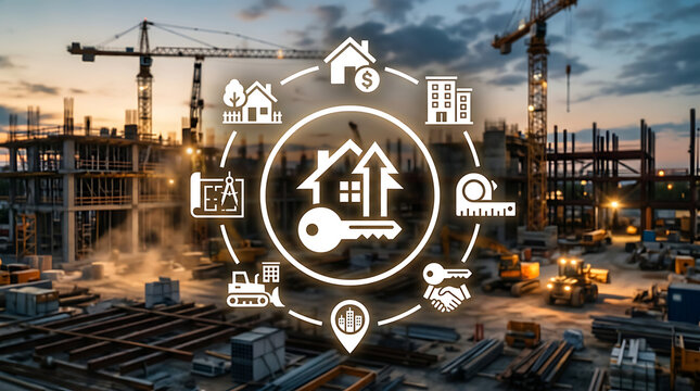 Construction site safety icons over urban skyline with cranes and sunset backdrop