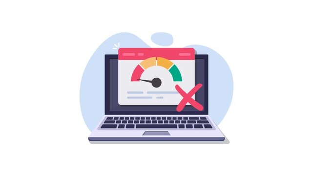 4K animation of Laptop Performance Error Showing Failed Speed Test And Website Loading Issue With Red Cross Indicator