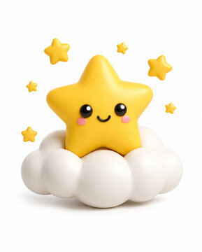 Cute 3D smiling yellow star on fluffy cloud isolated on white background