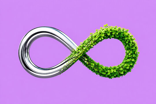 Infinity Symbol with Chrome and Green Leaves on Lilac Background