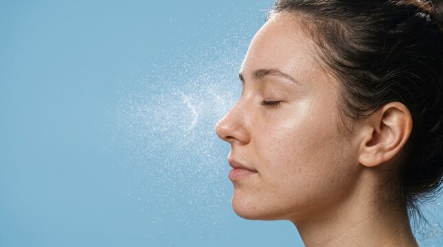 Side profile view of woman face receiving fine hydrating water mist spray