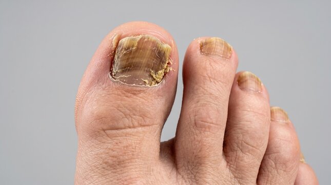 Extreme close up of severe toenail fungus infection with thickened yellow crumbling nail plate