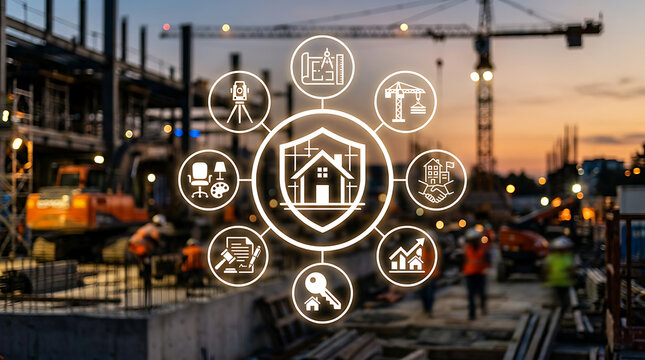 Digital real estate investment icons over urban cityscape with financial growth symbols at sunset