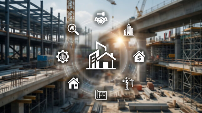 Smart city digital icons floating over industrial factory with futuristic technology and automation concept