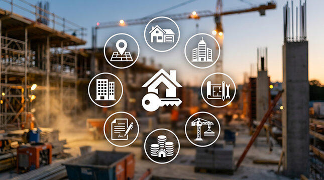 Construction site safety icons overlay on urban sunset with hard hats and cranes in background