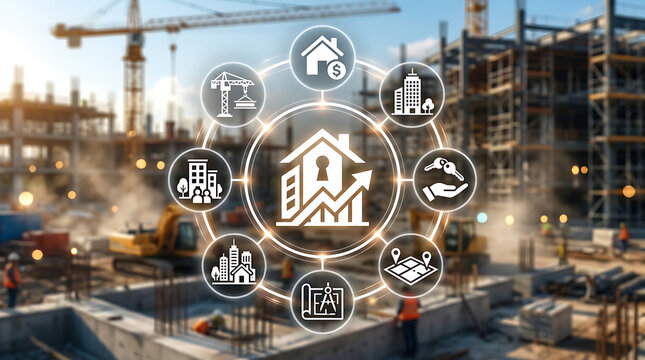 Digital transformation icons over urban construction site symbolizing business innovation and technology integration