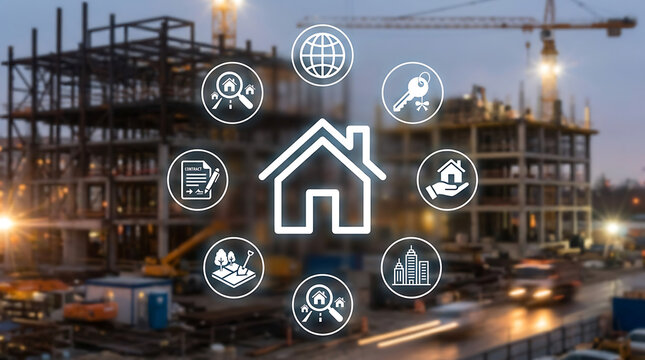 Digital real estate icons over urban construction site at dusk for smart city development
