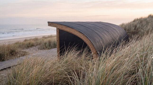 Eco cabin sanctuary modern curved timber dwelling nestled in coastal sand dunes at sunrise with ocean view copy space