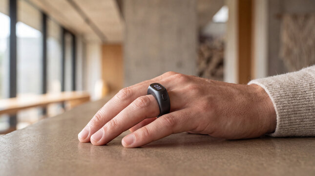 Macro Close Up of Hand Wearing Modern Smart Digital Tasbih Counter Ring on Wooden Surface