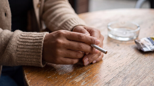 Person's hands holding an unlit cigarette, resting on a worn wooden table with an ashtray and crumpled pack nearby