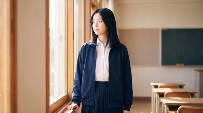 Thoughtful female student standing by window in sunlit classroom, contemplating future and education
