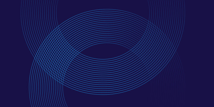 Abstract blue glowing geometric lines on dark blue background. Modern shiny blue circle lines pattern. Futuristic technology concept. Suit for cover, poster, banner, brochure, header, website