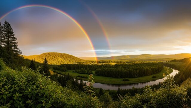 Vibrant double rainbow arcs over a verdant valley and winding river