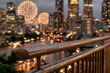 Fototapeta premium Raindrops on metal railing with city fireworks and night skyline view