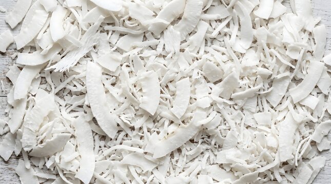 Close Up Texture Background of Pure Unsweetened Shredded Dried Coconut Flakes on Off-White Surface