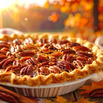 Freshly baked homemade pecan pie sitting on a rustic wooden table with vibrant autumn leaves in a blurred background during a golden sunset.