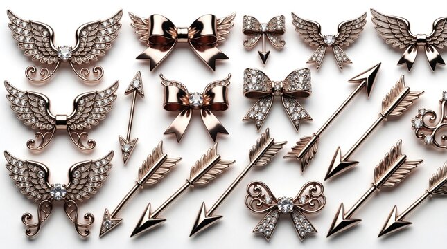 Set of rose gold cupid bows and arrows adorned with sparkling diamonds. These elegant ornaments feature intricate designs and metallic sheen, perfect for romantic themes and luxury.