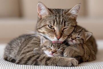 Fototapeta premium Mother cat licking cute kitten with lovely family bond and warm mood