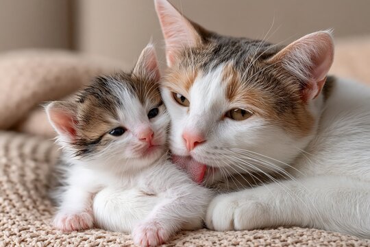 Mother cat licking cute newborn kitten warm gentle family portrait
