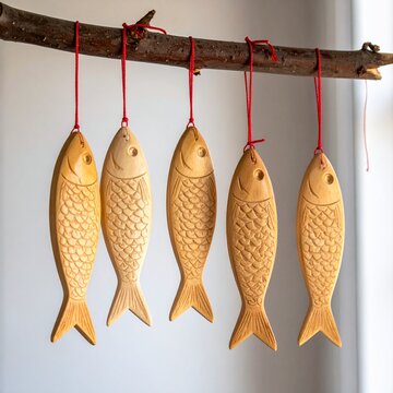 A set of handcrafted wooden fish ornaments hanging from a rustic tree branch tied with red strings against a soft neutral background view.