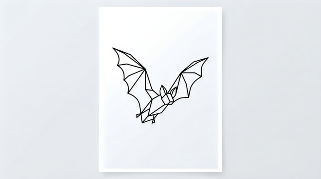 Minimalist geometric bat icon with thin black lines showing a flying creature in a simple modern style perfect for halloween design and print projects