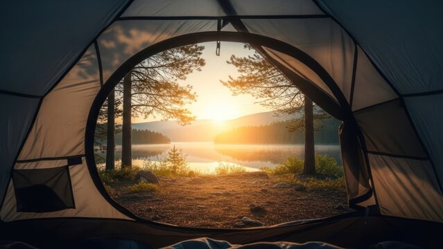 View from inside a tent, sunrise over a tranquil lake and forest