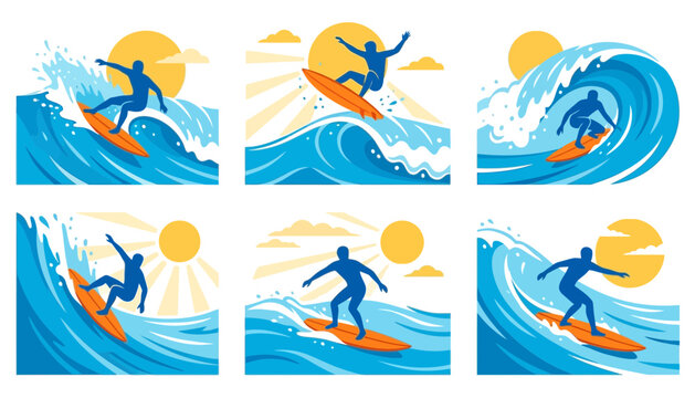 Set of surfing illustrations with surfers riding ocean waves under the sun